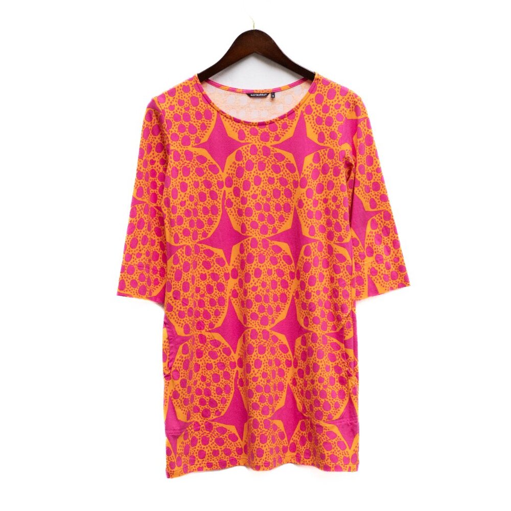 Marimekko Shift Mini Dress XS Pink Yellow Abstract Mod Print Cotton Pockets‎